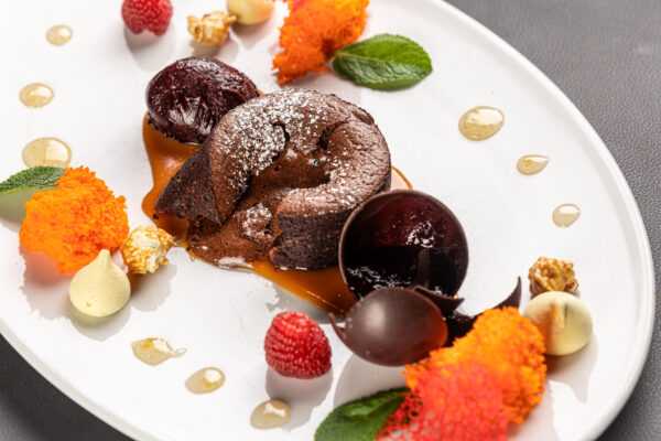 Chocolate fondant with blueberry sorbet