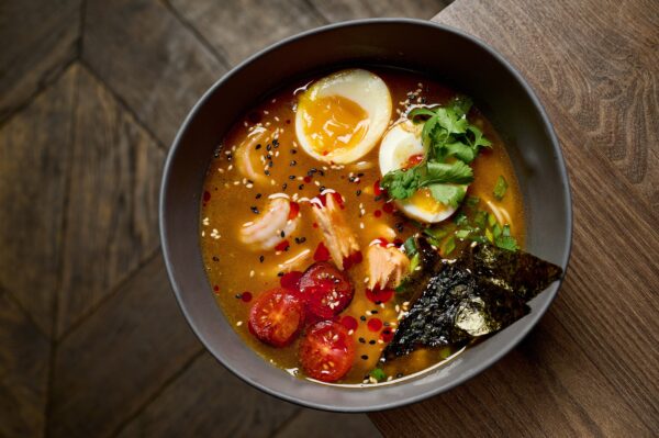 Miso ramen with salmon and shrimp