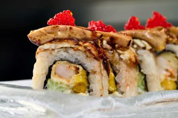 Unagi roll with foie gras, tiger shrimp tempura and royal mango
